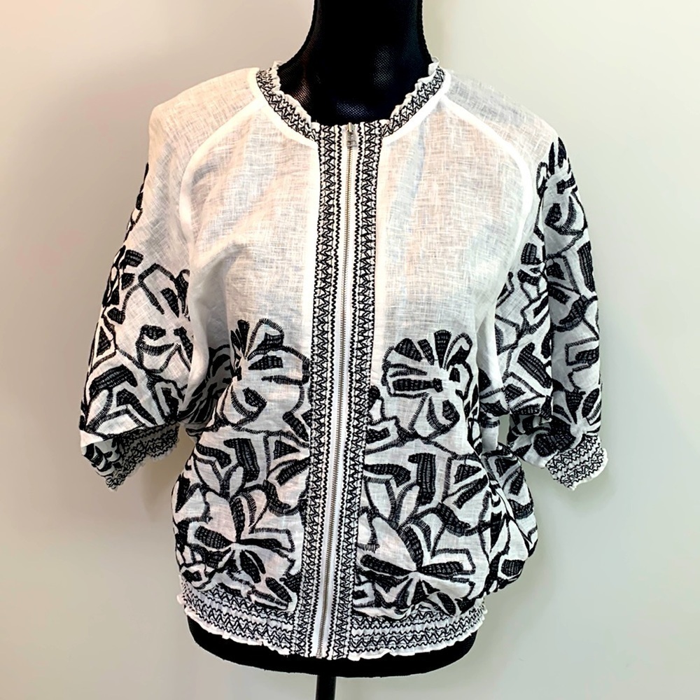 Chicos Black White Linen Embroidered Aztec Bomber Jacket Size 2 or Large - Picture 2 of 8